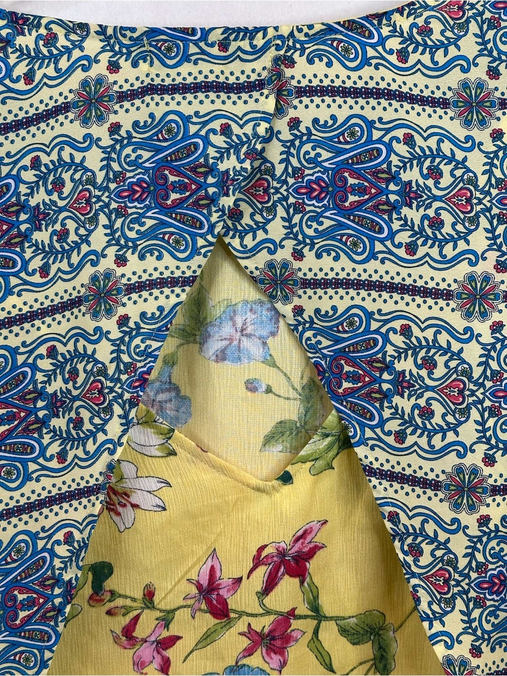 Figueroa & flower Fuchsia Yellow Floral Bell-Sleeve Blouse with Blue Trim - Picture 7 of 8